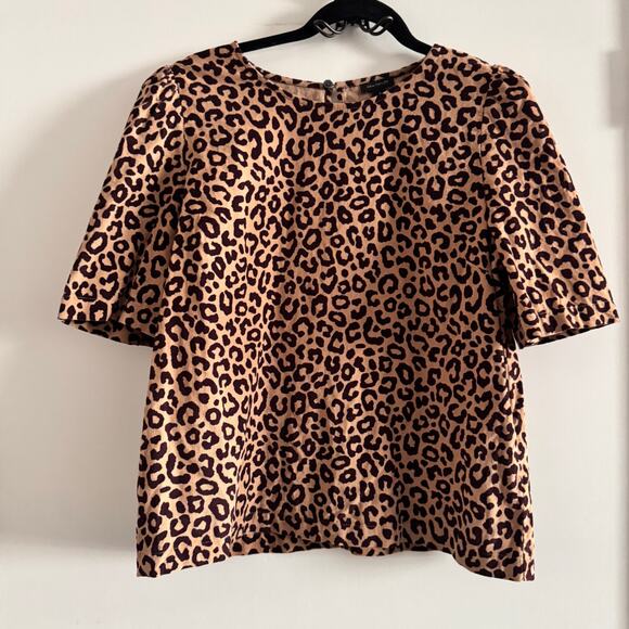 Ann Taylor Corduroy Leopard Top Brown Crew Neck Short Sleeve Sz M - Picture 1 of 5